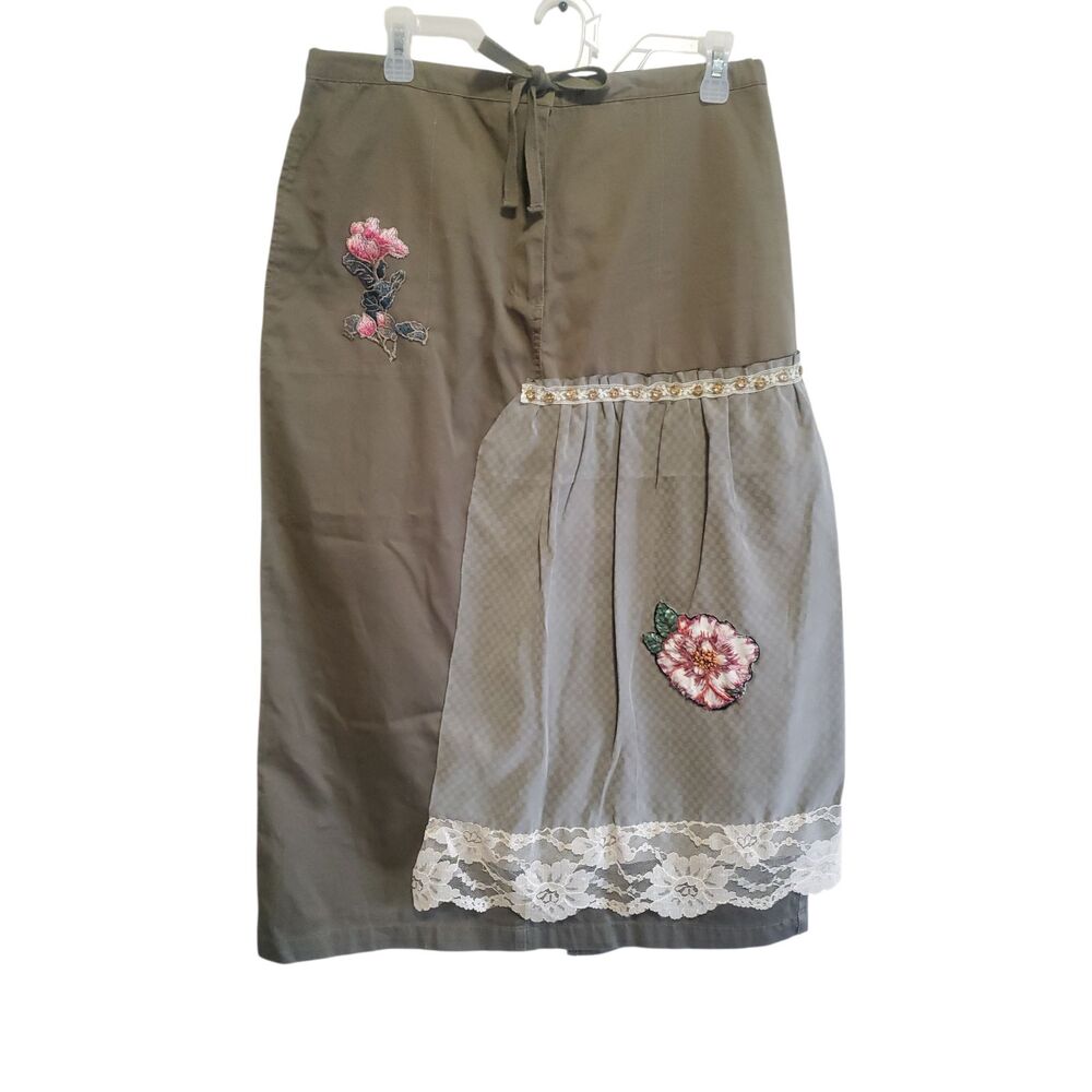 VTG Y2K Military Green Floral Lace Embroidered Midi Skirt Granny Cottagecore SM